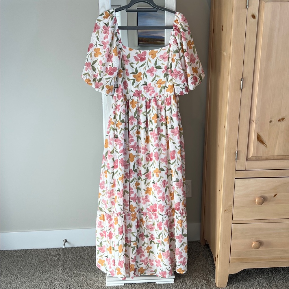 Floral Puff-Sleeve Maxi Dress in White with Pink & Yellow Flowers